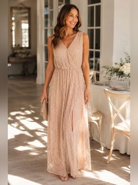 Kate Kasin Champagne Sequin Shimmer Maxi Dress Size M